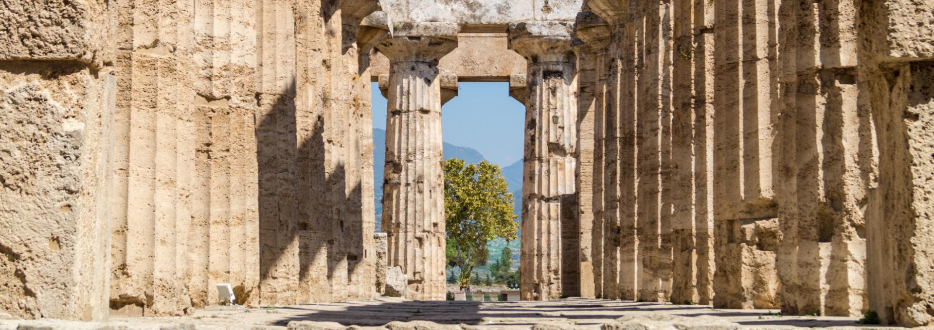 Colonne antiche di un tempio greco, con vista sul paesaggio circostante.